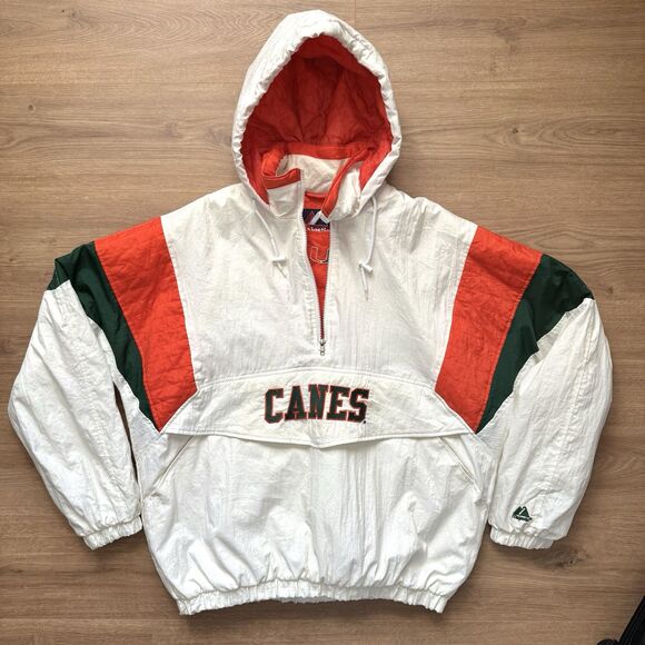 Vintage 90s Miami Hurricanes Majestic White Size XL Qtr Zip Hooded Puffer Jacket